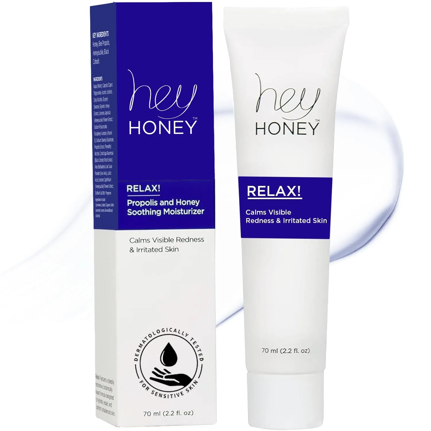 Hey Honey Skincare Relax, Instant Rosacea Treatment & Face Redness Relief - Dermatologically Tested Calming Moisturizer for Sensitive Skin Oil- Free with Honey & Propolis Anti-Aging Benefits | 2.2 Oz