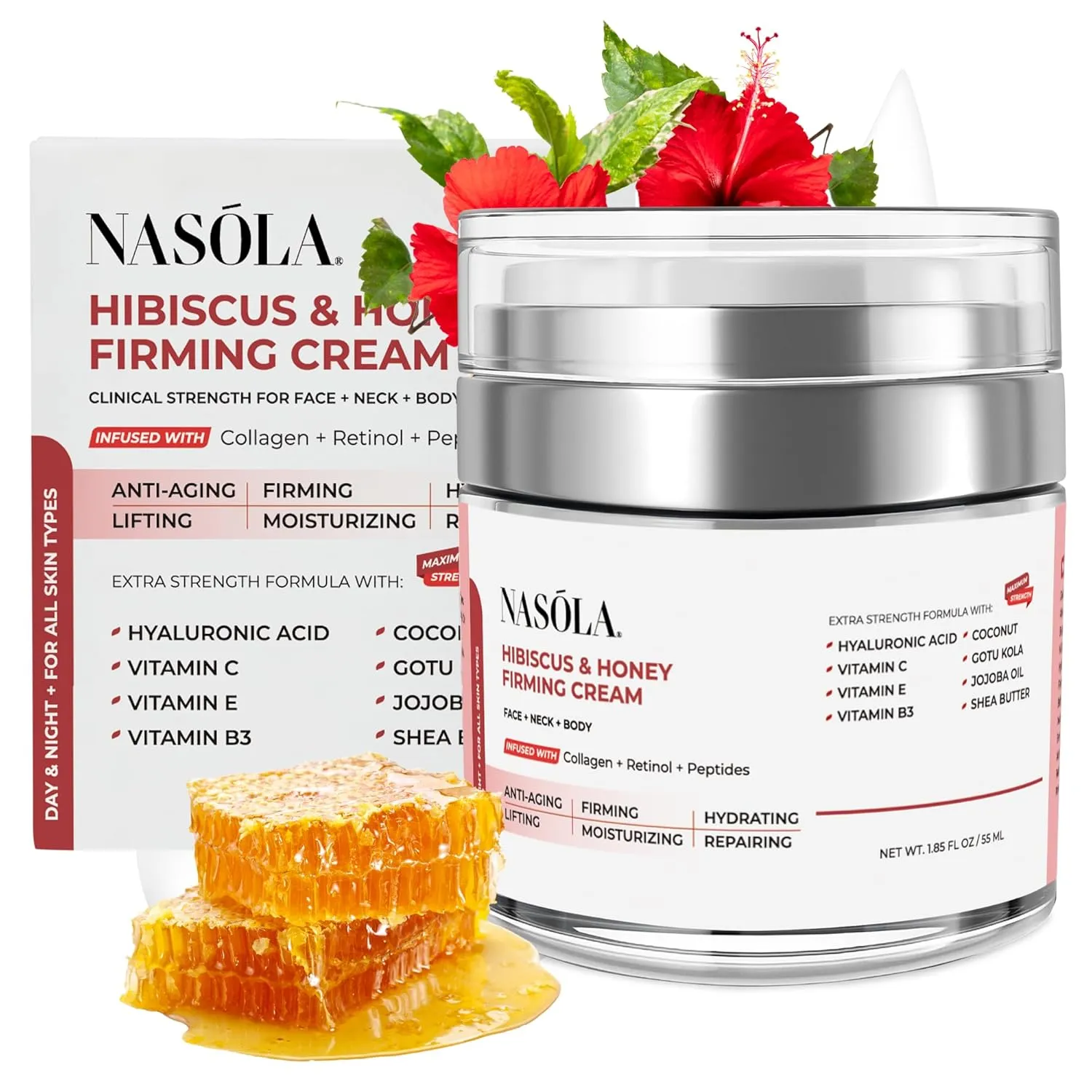 Hibiscus and Honey Firming Cream, Neck Firming Cream, Skin Tightening Cream, Skin Firming and Tightening Lotion for Face and Body, Anti-Wrinkle Facial Moisturizer with Collagen, 1.85 Oz/55ml