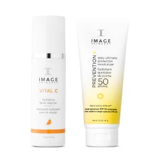 IMAGE Skincare Cleanse and Protect Skin Care Bundle, with VITAL C Hydrating Facial Cleanser and PREVENTION  Daily Ultimate Protection Moisturizer SPF 50 Face Sunscreen Lotion
