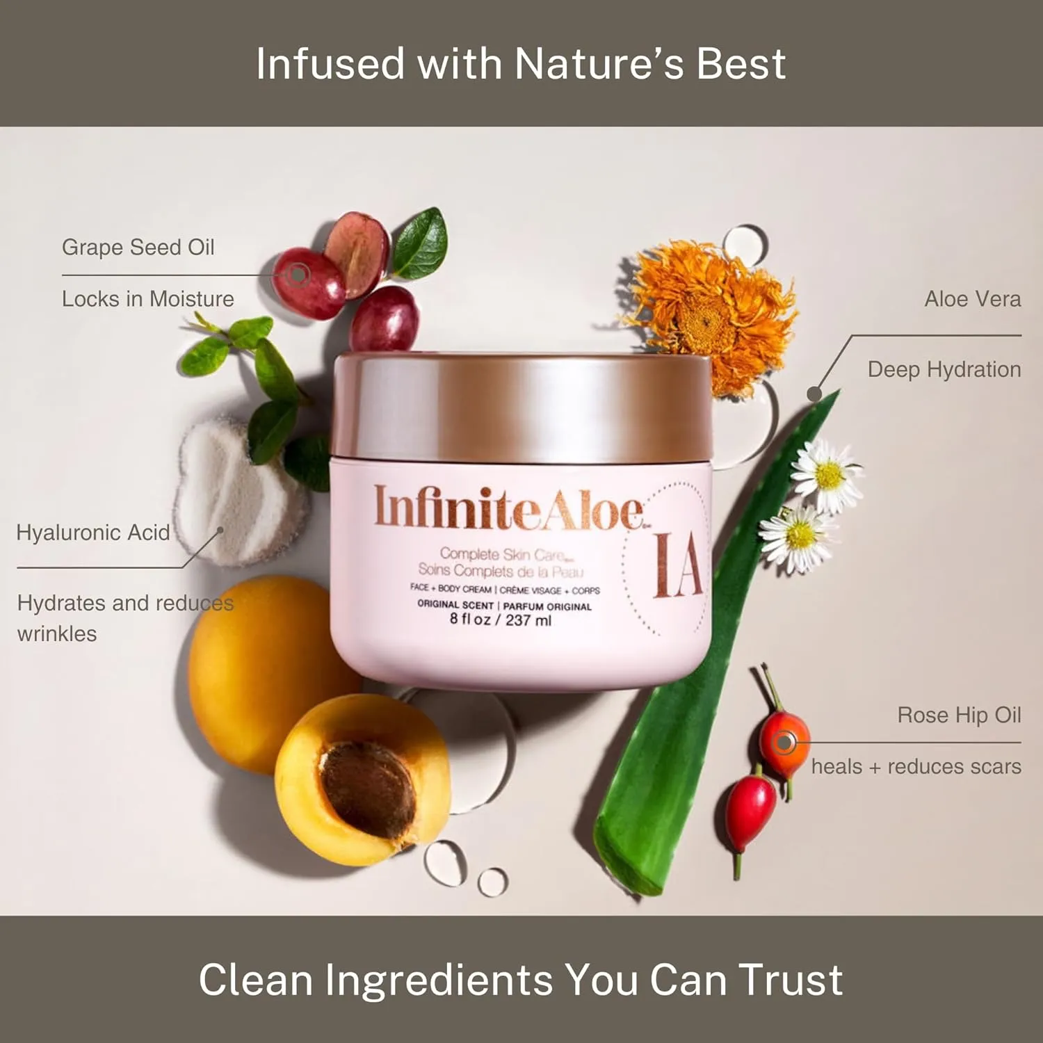 InfiniteAloe Complete Skin Care, Aloe Vera Powered Face and Body Cream for Dry Skin Relief, Fragrance Free - 2 Large Jar 8 oz & 2 Travel Jar 0.5 oz