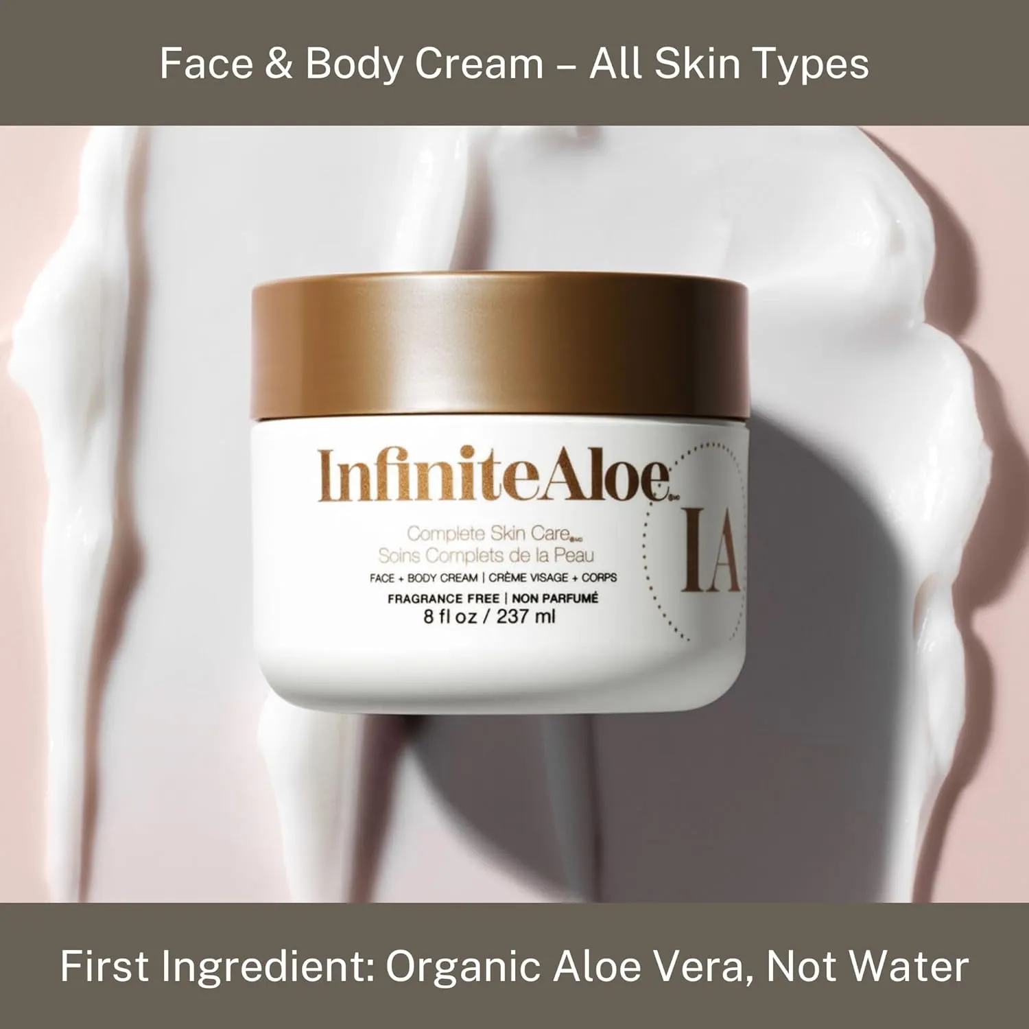 InfiniteAloe Complete Skin Care, Aloe Vera Powered Face and Body Cream for Dry Skin Relief, Fragrance Free - 2 Large Jar 8 oz & 2 Travel Jar 0.5 oz
