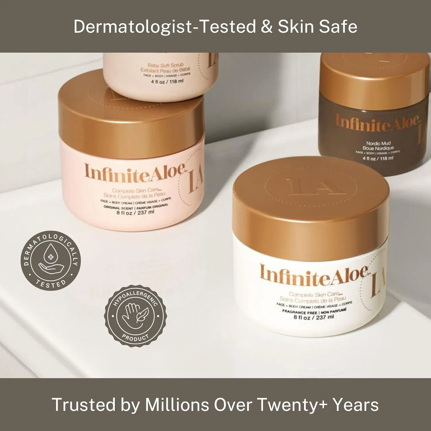 InfiniteAloe Complete Skin Care, Aloe Vera Powered Face and Body Cream for Dry Skin Relief, Fragrance Free - 2 Large Jar 8 oz & 2 Travel Jar 0.5 oz