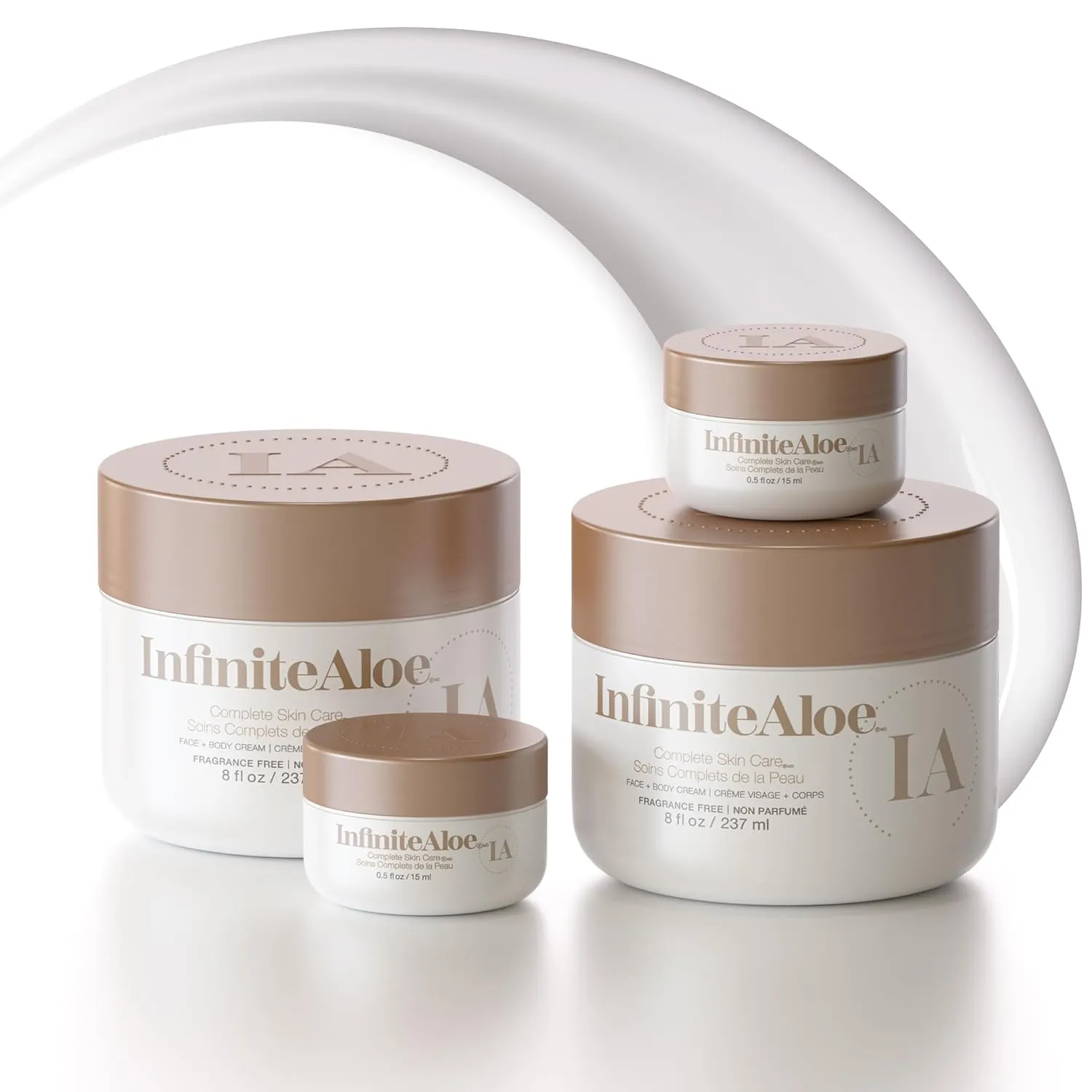 InfiniteAloe Complete Skin Care, Aloe Vera Powered Face and Body Cream for Dry Skin Relief, Fragrance Free - 2 Large Jar 8 oz & 2 Travel Jar 0.5 oz