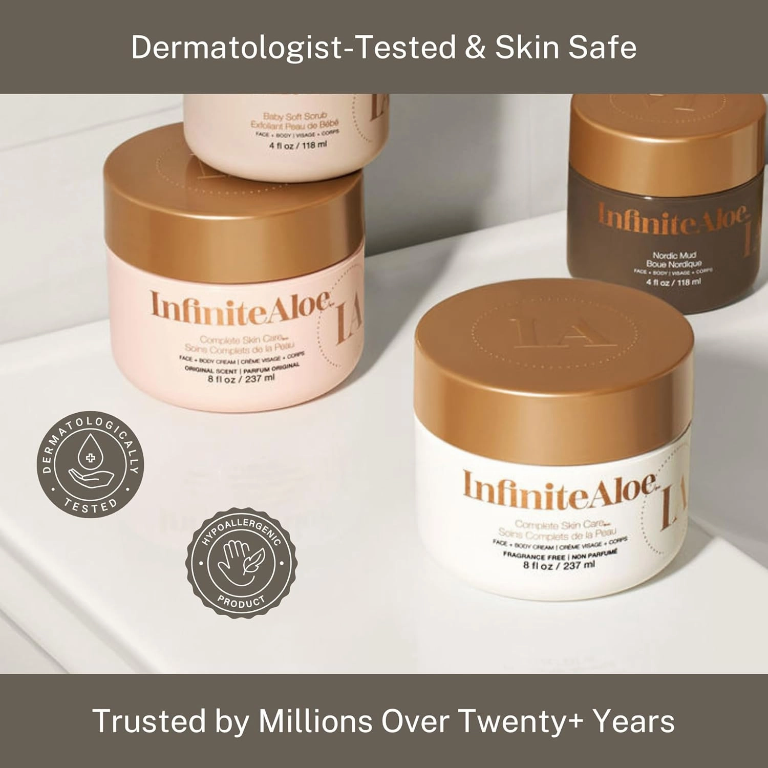 InfiniteAloe Complete Skin Care, Aloe Vera Powered Face and Body Cream for All Skin Types, Dry Skin Everyday Hero, Original Scent - 2 Large Jar 8 oz & 2 Travel Jar 0.5 oz