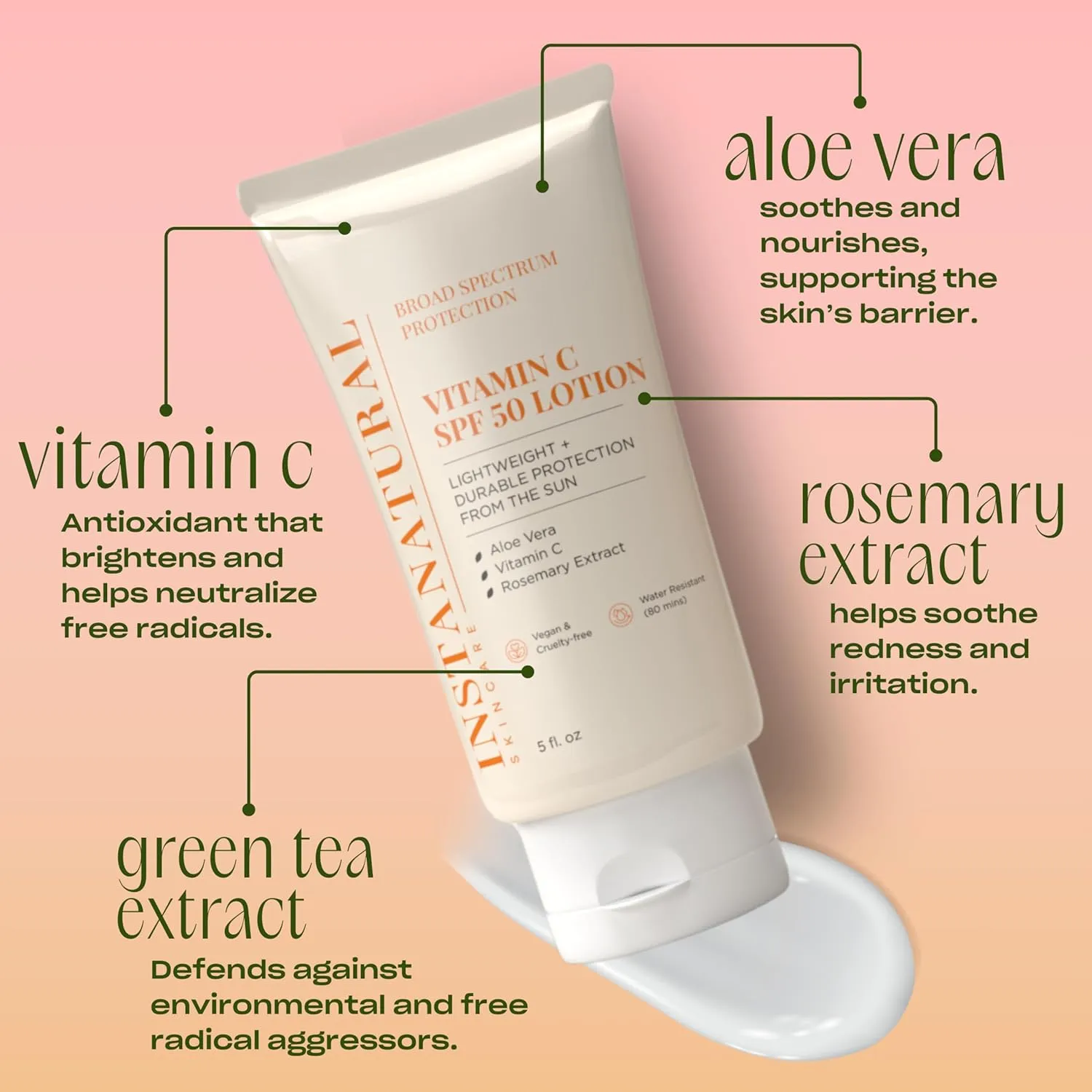 InstaNatural Skin Care Vitamin C SPF 50 Broad Spectrum Sunscreen Lotion, Brightening, Lightweight, Non-Greasy Moisturizer for Body & Face, UVA, UVB Sunblock, with Aloe Vera & Botanicals, 5 Fl Oz