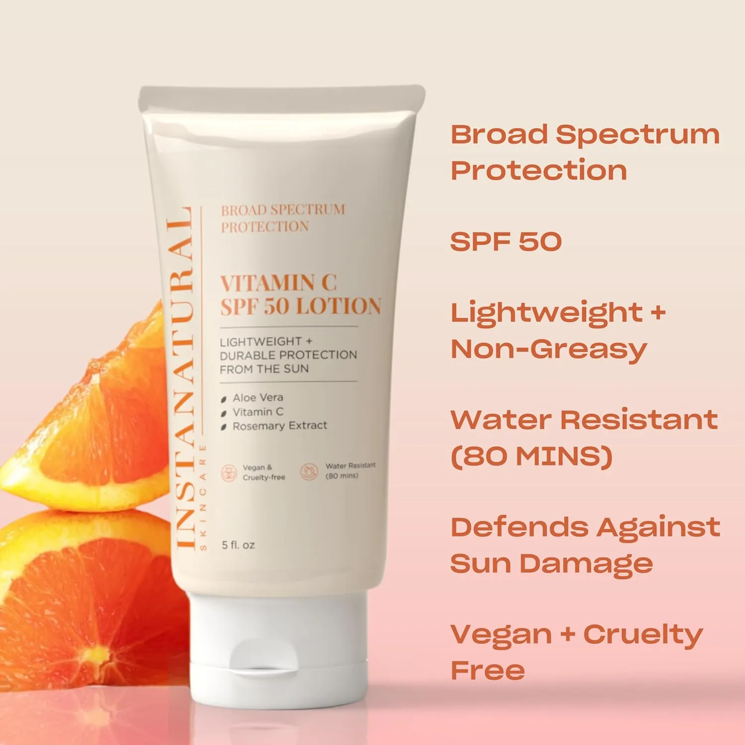 InstaNatural Skin Care Vitamin C SPF 50 Broad Spectrum Sunscreen Lotion, Brightening, Lightweight, Non-Greasy Moisturizer for Body & Face, UVA, UVB Sunblock, with Aloe Vera & Botanicals, 5 Fl Oz