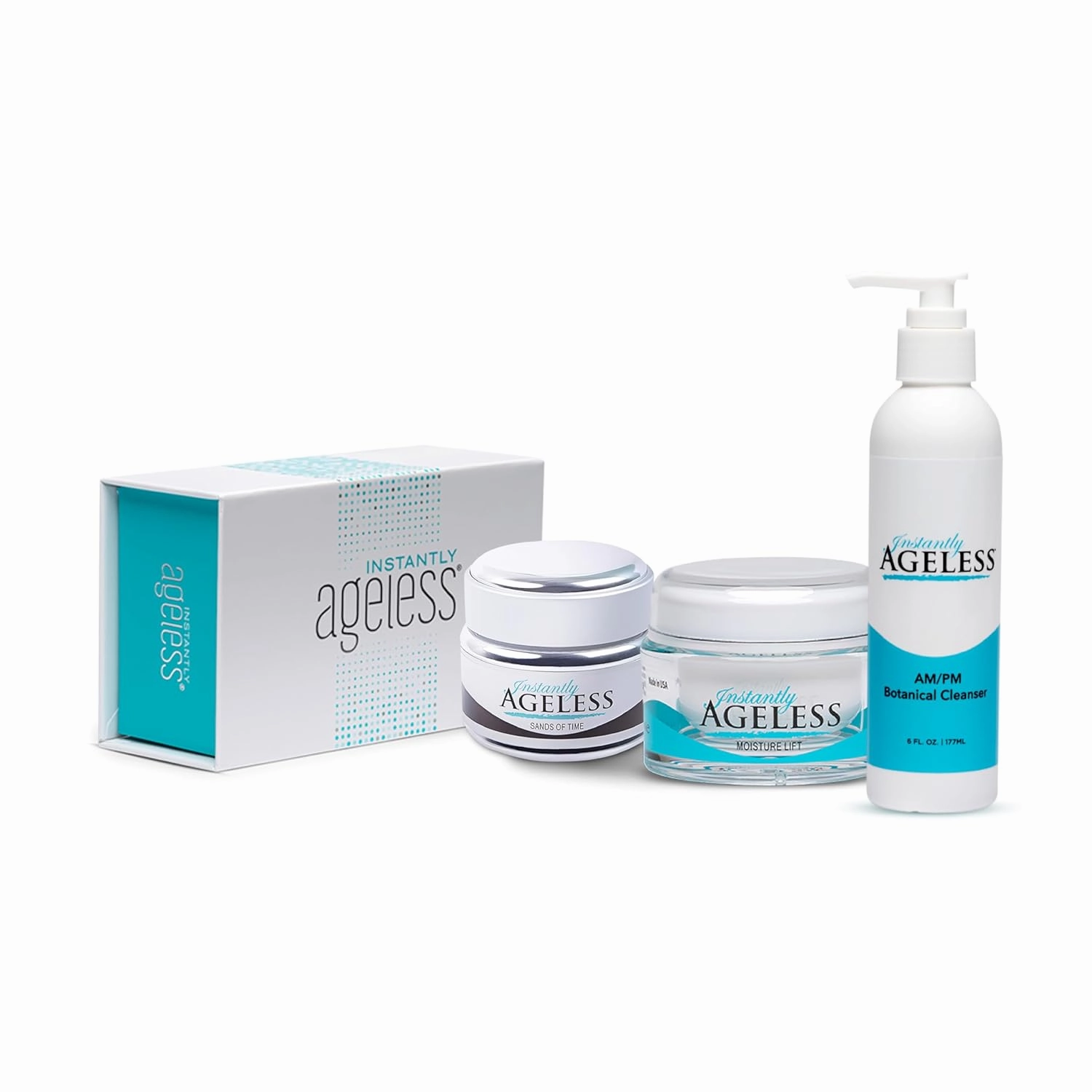 Instantly Ageless SUPER BUNDLE 4 - Instant Face Lift Cream In A Box 25 Vials, Moisture Lift Face Moisturizer, Sands Of Time Facial Scrub, Botanical Cleanser Skin Care Set for All Skin Type