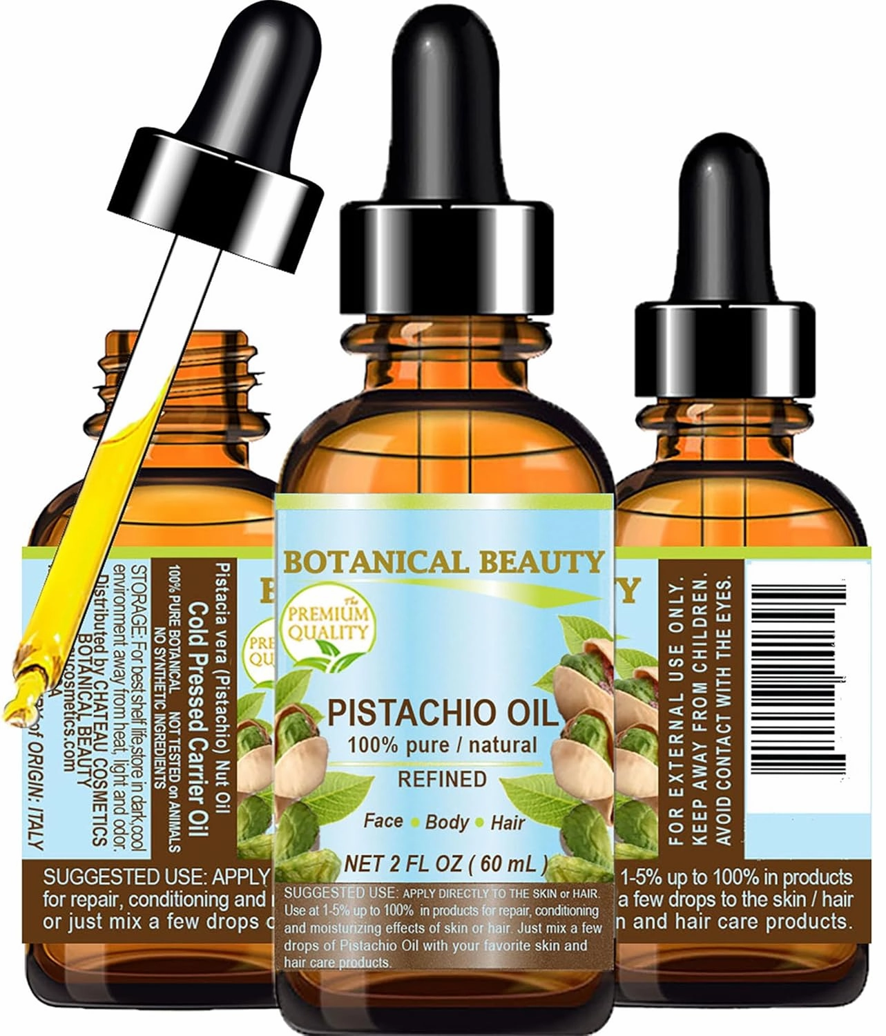 Italian PISTACHIO OIL Pistacia vera 100% Pure Natural Refined 2 Fl.oz.- 60 ml for for Face, Skin, Body, Hair, Lip, Nails. Rich in vitamin E by Botanical Beauty