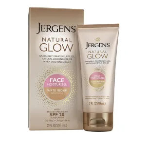 Jergens Natural Glow Face Self Tanner Body Lotion with SPF 20, Fair to Medium Skin Tone, Sunless Tanning, Daily Facial Sunscreen, Oil Free, Broad Spectrum UVA and UVB Protection, 2 Oz