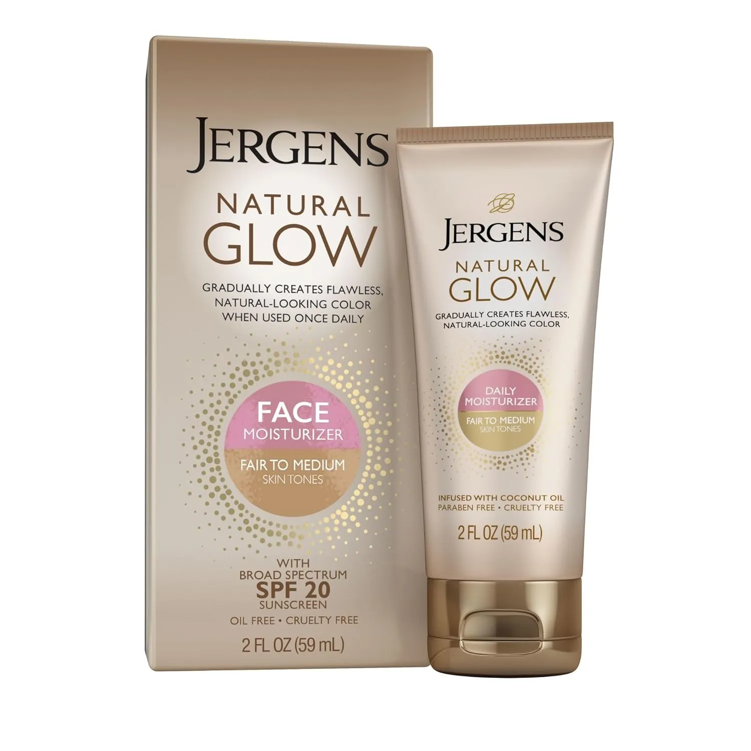 Jergens Natural Glow Face Self Tanner Body Lotion with SPF 20, Fair to Medium Skin Tone, Sunless Tanning, Daily Facial Sunscreen, Oil Free, Broad Spectrum UVA and UVB Protection, 2 Oz