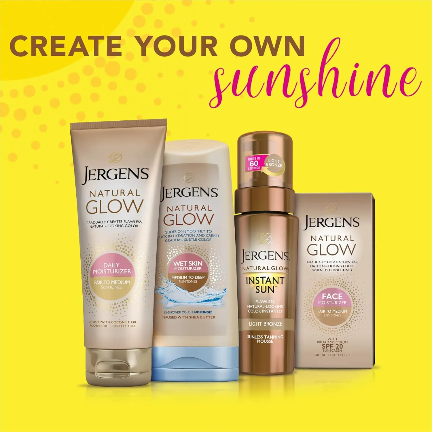 Jergens Natural Glow Face Self Tanner Body Lotion with SPF 20, Fair to Medium Skin Tone, Sunless Tanning, Daily Facial Sunscreen, Oil Free, Broad Spectrum UVA and UVB Protection, 2 Oz
