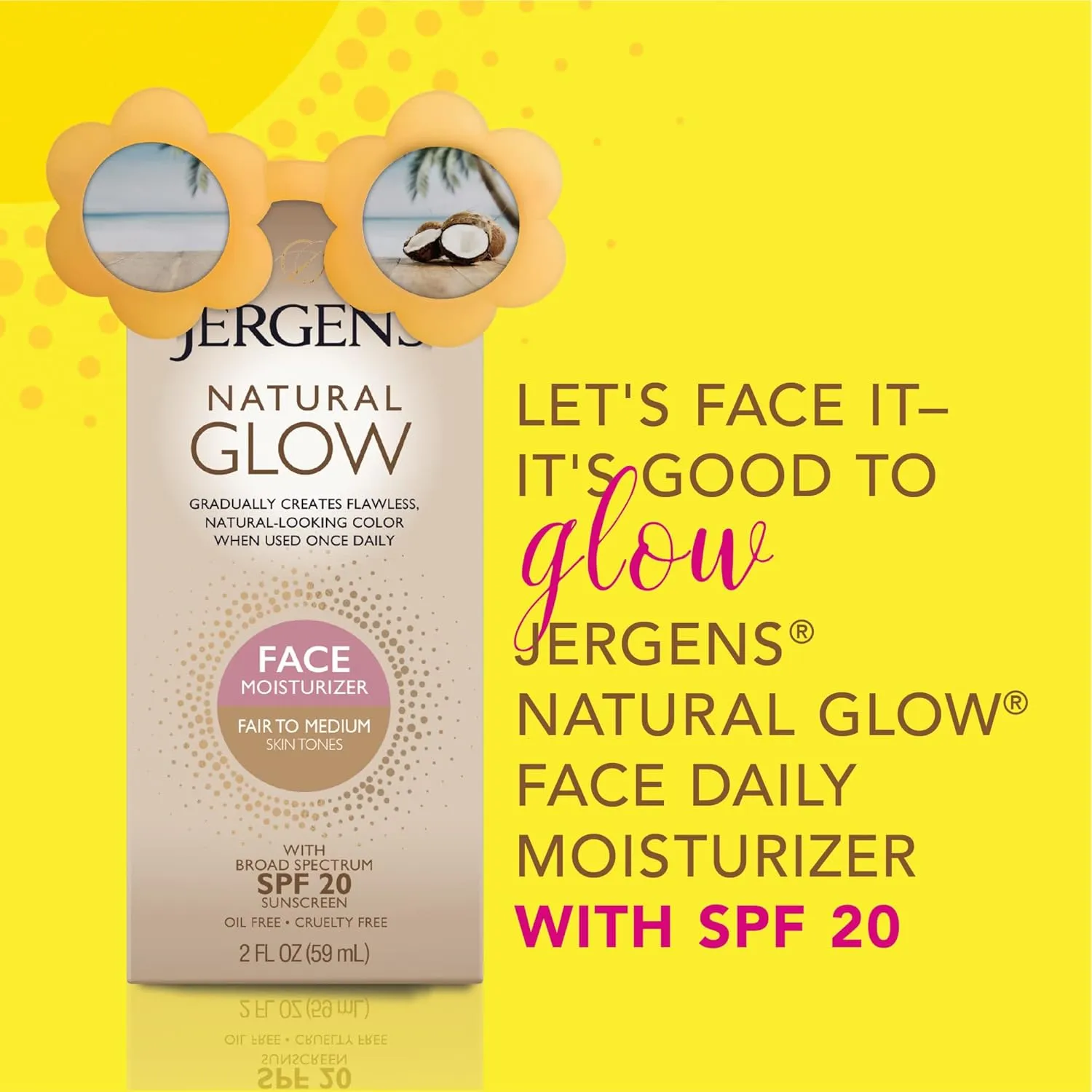 Jergens Natural Glow Face Self Tanner Body Lotion with SPF 20, Fair to Medium Skin Tone, Sunless Tanning, Daily Facial Sunscreen, Oil Free, Broad Spectrum UVA and UVB Protection, 2 Oz
