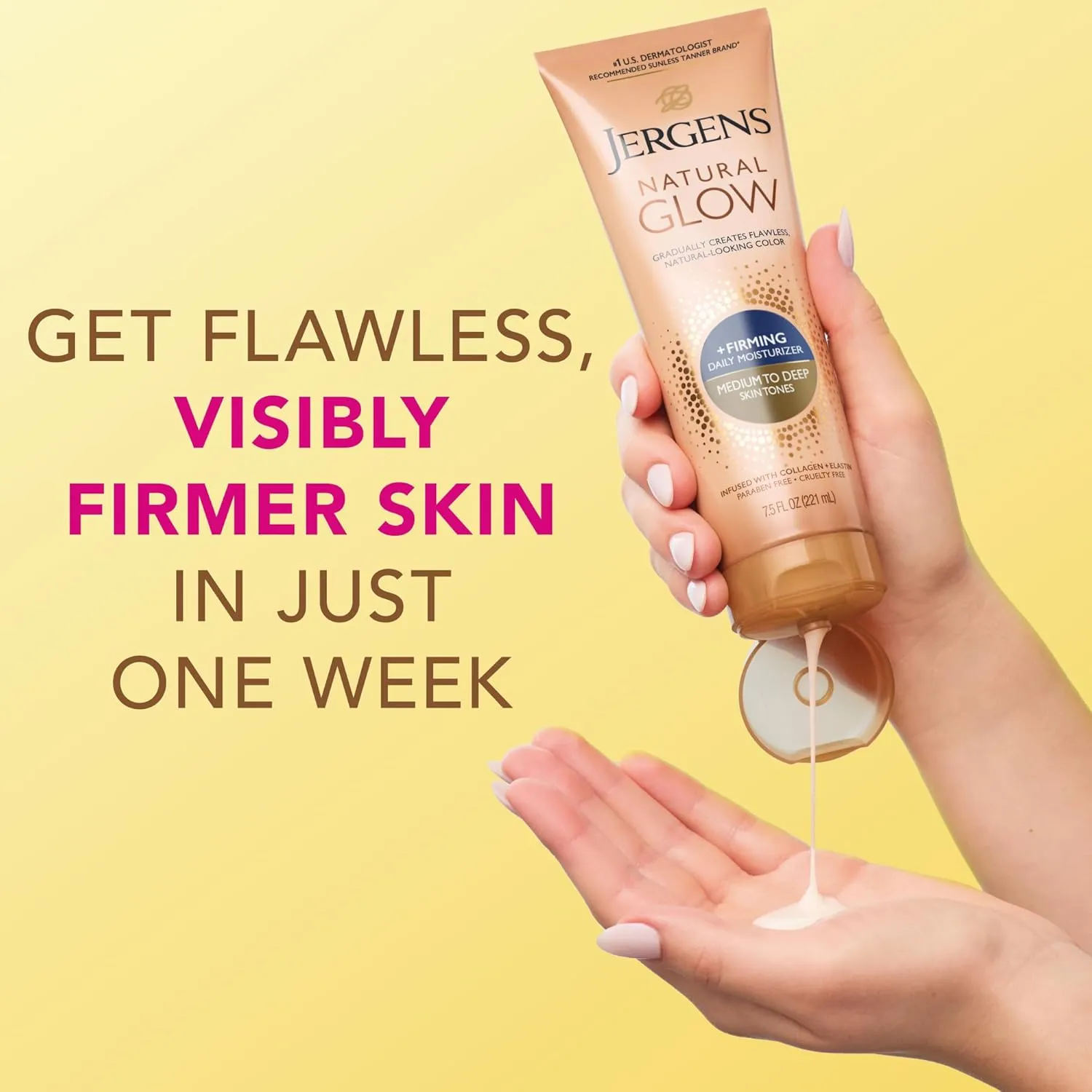 Jergens Natural Glow  Firming Self Tanner Body Lotion, Medium to Deep Skin Tone, Sunless Tanning Moisturizer with Collagen and Elastin, Helps to Visibly Reduce Cellulite, 7.5 Oz, Pack of 2