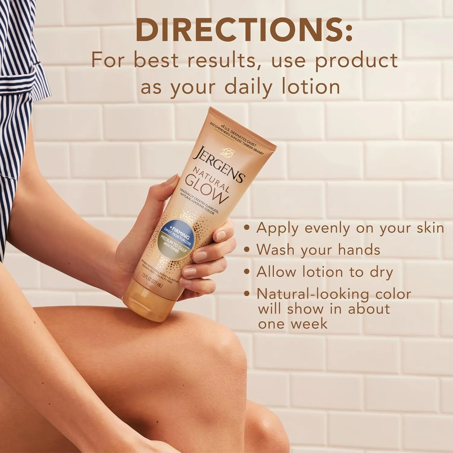Jergens Natural Glow  Firming Self Tanner Body Lotion, Medium to Deep Skin Tone, Sunless Tanning Moisturizer with Collagen and Elastin, Helps to Visibly Reduce Cellulite, 7.5 Oz, Pack of 2