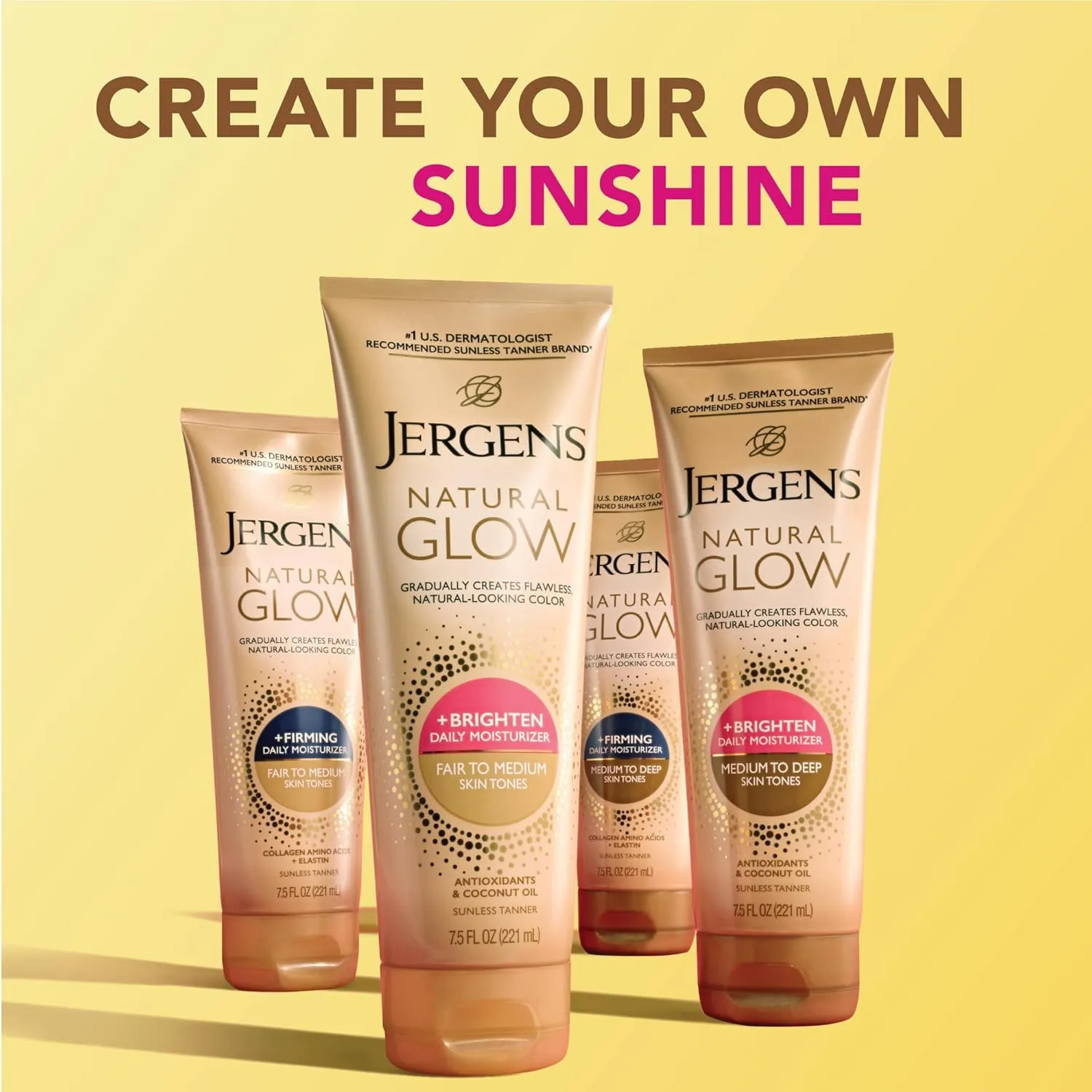 Jergens Natural Glow  Firming Self Tanner Body Lotion, Medium to Deep Skin Tone, Sunless Tanning Moisturizer with Collagen and Elastin, Helps to Visibly Reduce Cellulite, 7.5 Oz, Pack of 2