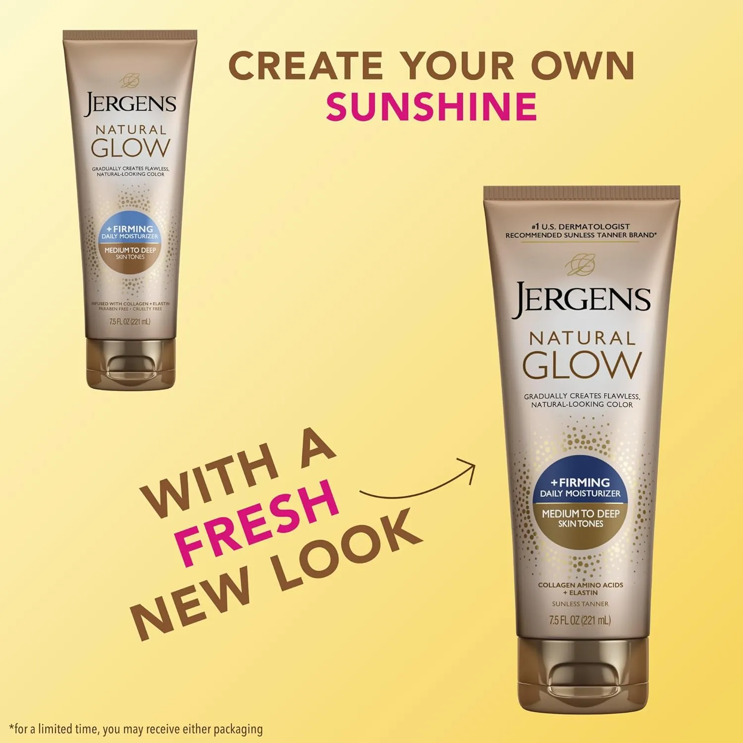 Jergens Natural Glow  Firming Self Tanner Body Lotion, Medium to Deep Skin Tone, Sunless Tanning Moisturizer with Collagen and Elastin, Helps to Visibly Reduce Cellulite, 7.5 Oz, Pack of 2