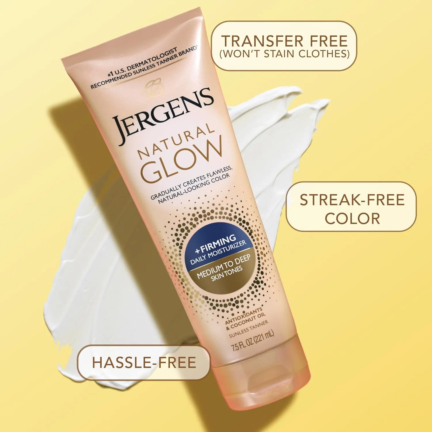Jergens Natural Glow  Firming Self Tanner Body Lotion, Medium to Deep Skin Tone, Sunless Tanning Moisturizer with Collagen and Elastin, Helps to Visibly Reduce Cellulite, 7.5 Oz, Pack of 2