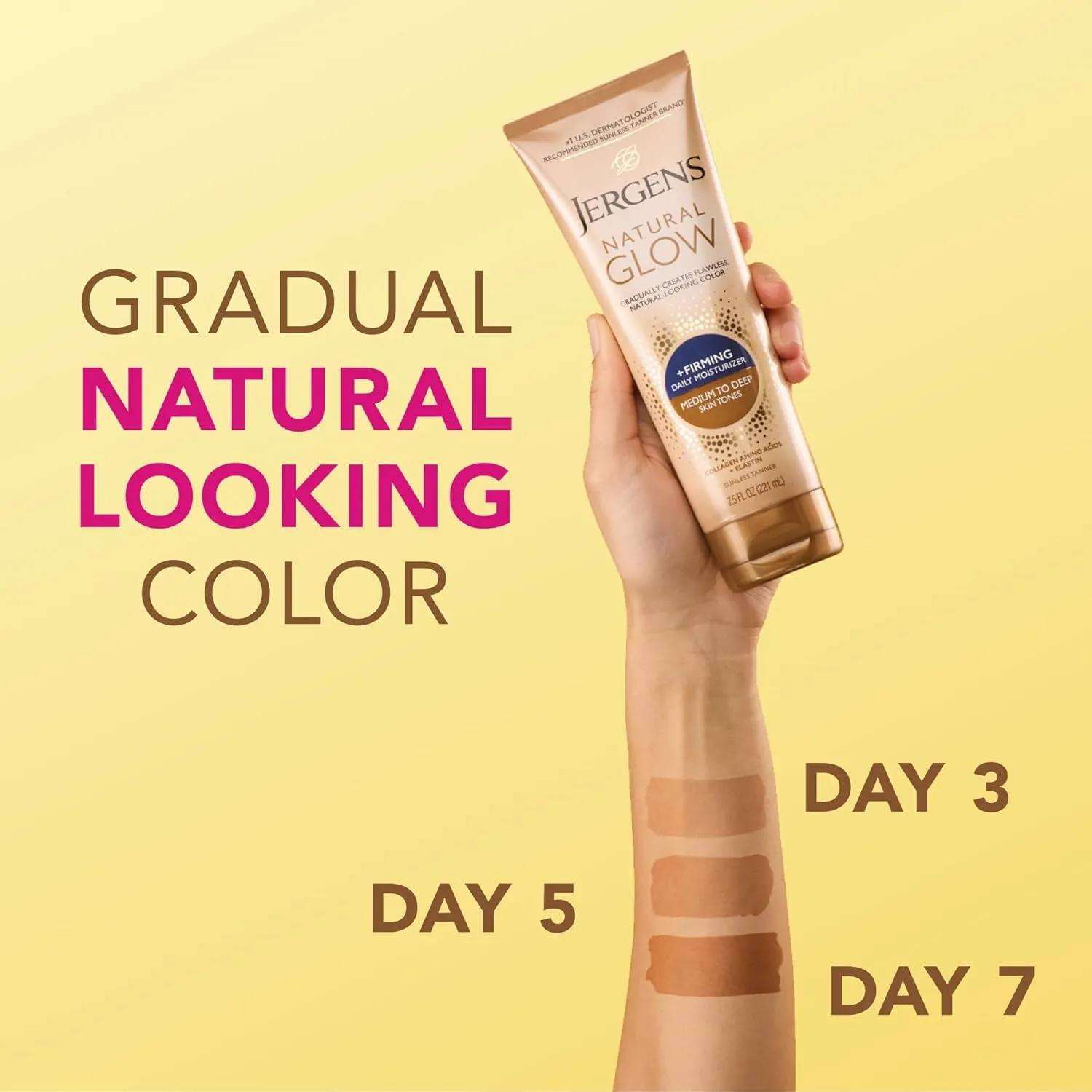 Jergens Natural Glow  Firming Self Tanner Body Lotion, Medium to Deep Skin Tone, Sunless Tanning Moisturizer with Collagen and Elastin, Helps to Visibly Reduce Cellulite, 7.5 Oz, Pack of 2