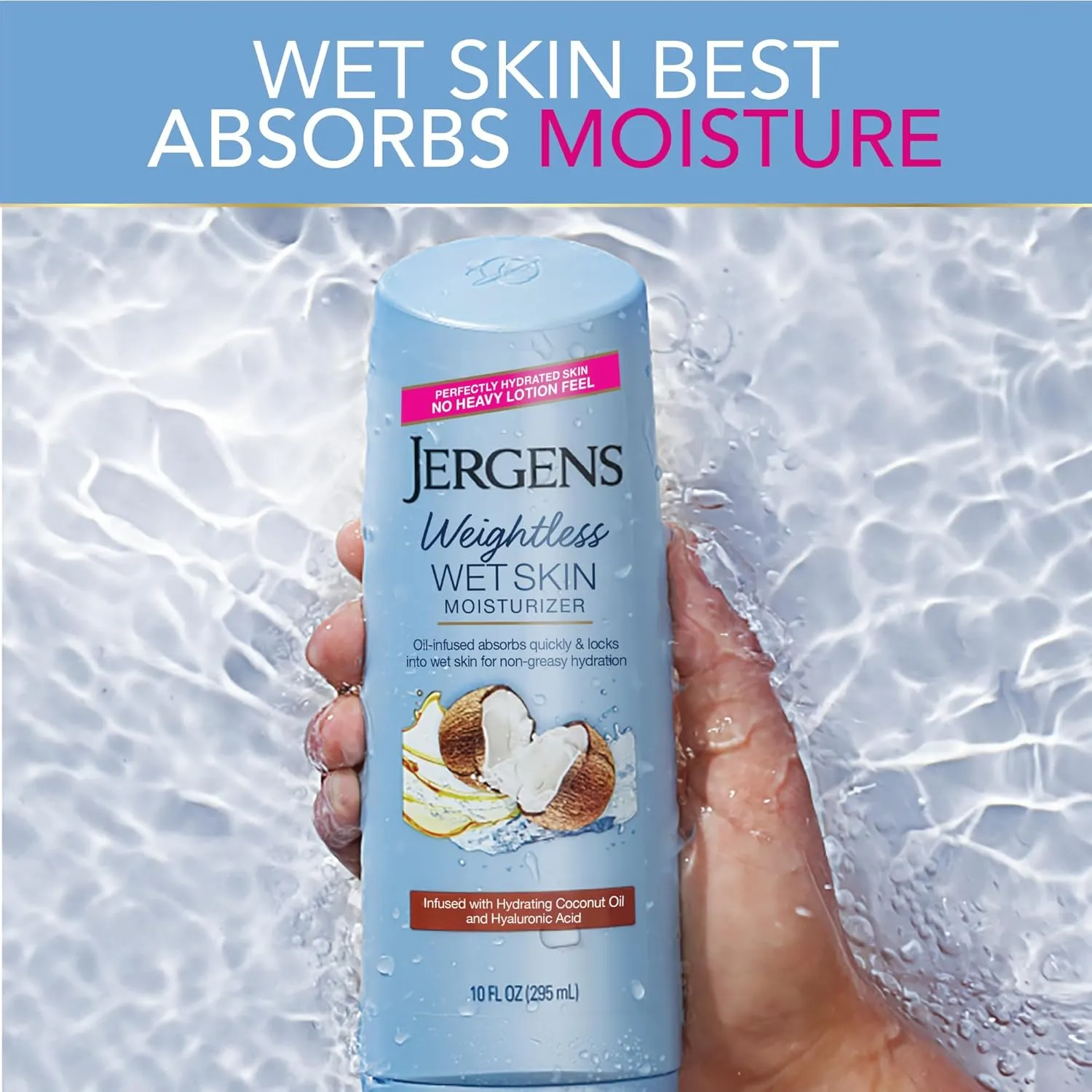 Jergens Wet Skin Body Moisturizer with Coconut Oil, In Shower Lotion for Dry Skin, Fast-Absorbing, Non-Sticky, Dermatologist Tested, 10 Oz, Pack of 3