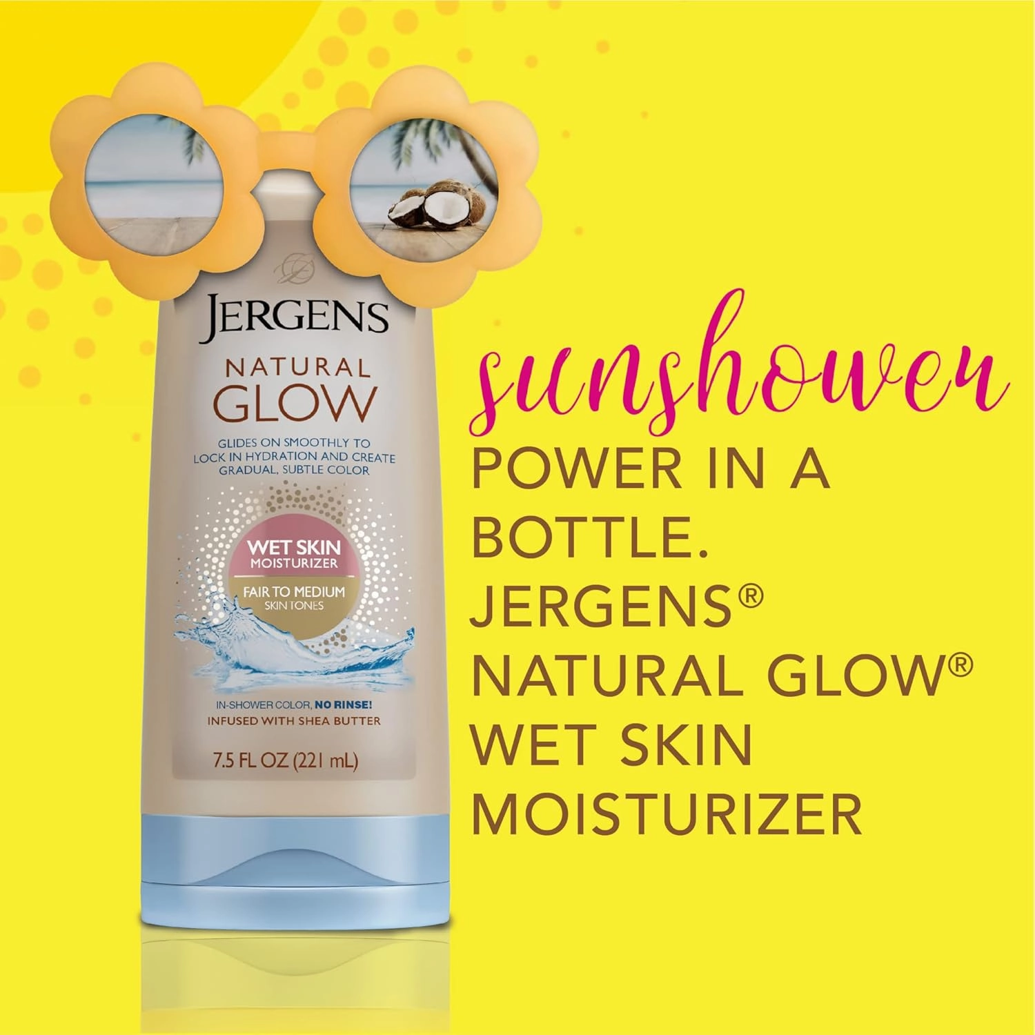 Jergens Natural Glow In Shower Lotion, Self Tanner for Medium to Deep Skin Tone, Sunless Tanning Wet Skin Lotion for Gradual, Flawless Color, 7.5 Ounce, Pack of 2