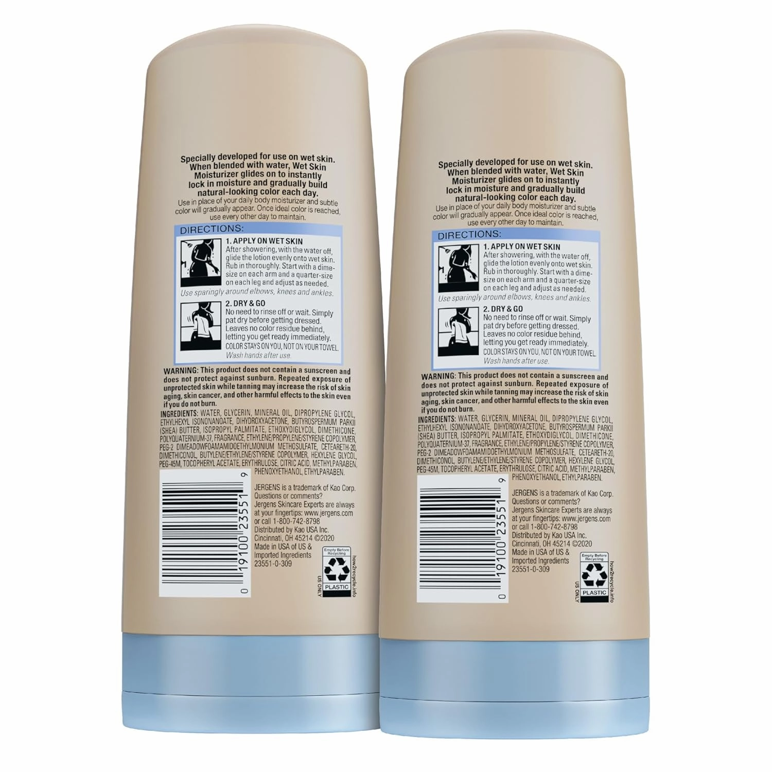 Jergens Natural Glow In Shower Lotion, Self Tanner for Medium to Deep Skin Tone, Sunless Tanning Wet Skin Lotion for Gradual, Flawless Color, 7.5 Ounce, Pack of 2