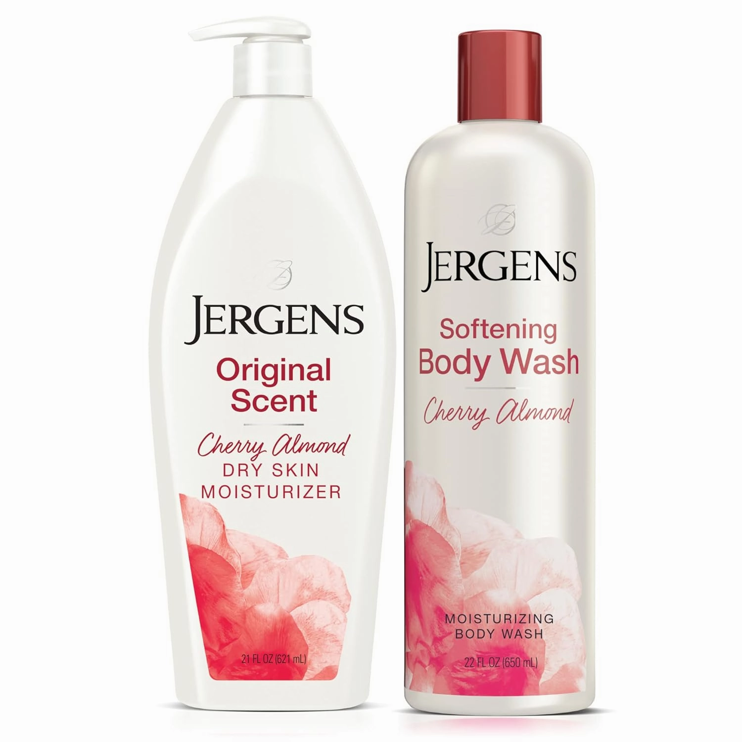 Jergens Original Scent Cherry Almond Bundle: Cherry Almond Dry Skin Moisturizer 21 oz, and Softening Body Wash 22oz
