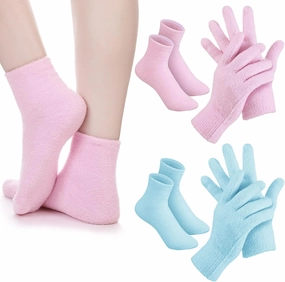 Jiuguva 4 Pairs Moisturizing Gloves Socks Set Gel Aloe Gloves Infused Lotion Gloves Heel Socks for Dry Cracked Feet Women Men