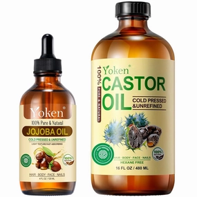 Jojoba Oil 4oz & Castor Oil 16oz Set: Both in Glass Bottle, 100% Pure & Natural, EWG Verified, Cold Pressed, Virgin, Hexane Free - Best Carrier Oils Hair Oils Facial Oils, Hydrating & Nourishing