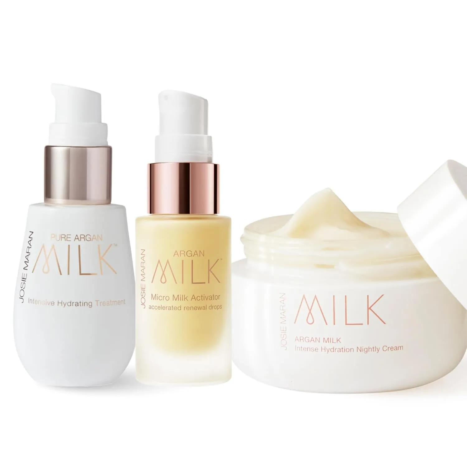 Josie Maran Argan Milk For All - 3-Piece Ritual Includes Intensive Hydrating Treatment, Accelerated Renewal Drops and Intense Hyration Night Cream (3 Count)