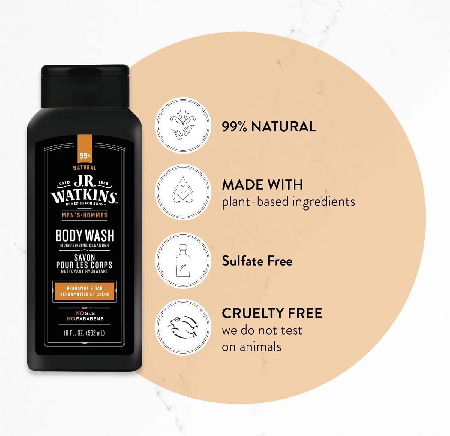 J.R. Watkins Natural Daily Moisturizing Body Wash, Hydrating Shower Gel for Men and Women, Free of SLS, USA Made and Cruelty Free, Bergamont Oak, 18 fl oz, 6 Pack