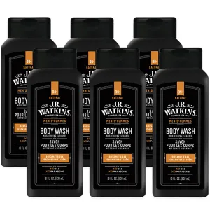 J.R. Watkins Natural Daily Moisturizing Body Wash, Hydrating Shower Gel for Men and Women, Free of SLS, USA Made and Cruelty Free, Bergamont Oak, 18 fl oz, 6 Pack