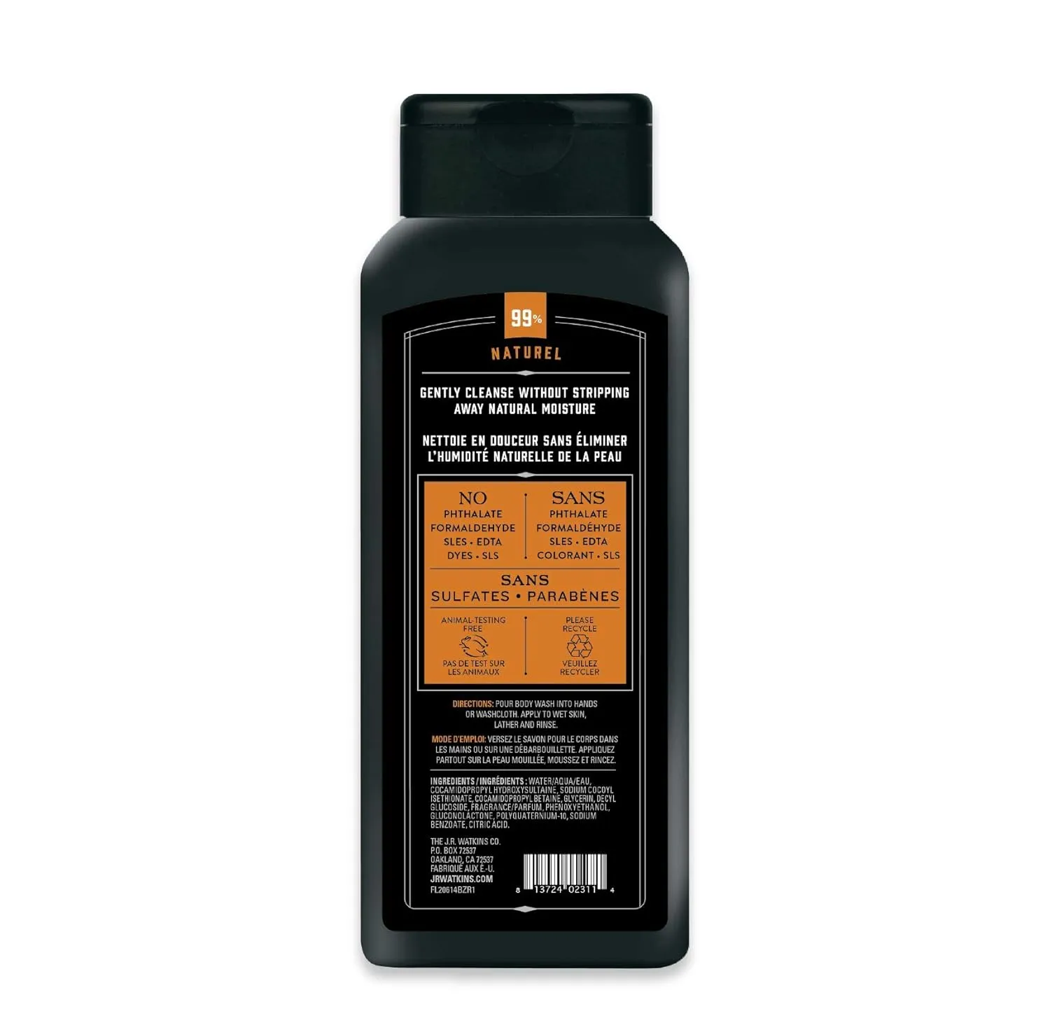 J.R. Watkins Natural Daily Moisturizing Body Wash, Hydrating Shower Gel for Men and Women, Free of SLS, USA Made and Cruelty Free, Bergamont Oak, 18 fl oz, 6 Pack