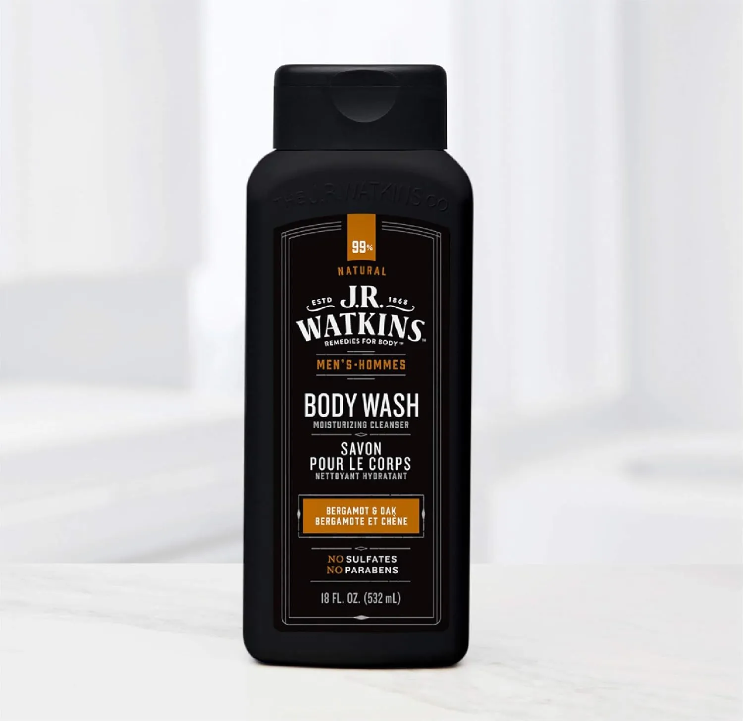 J.R. Watkins Natural Daily Moisturizing Body Wash, Hydrating Shower Gel for Men and Women, Free of SLS, USA Made and Cruelty Free, Bergamont Oak, 18 fl oz, 6 Pack