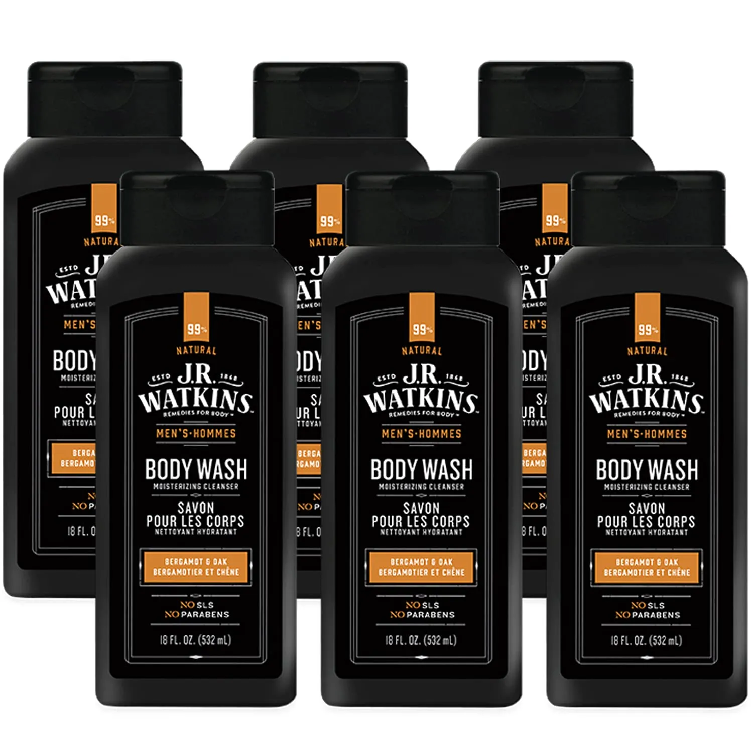 J.R. Watkins Natural Daily Moisturizing Body Wash, Hydrating Shower Gel for Men and Women, Free of SLS, USA Made and Cruelty Free, Bergamont Oak, 18 fl oz, 6 Pack