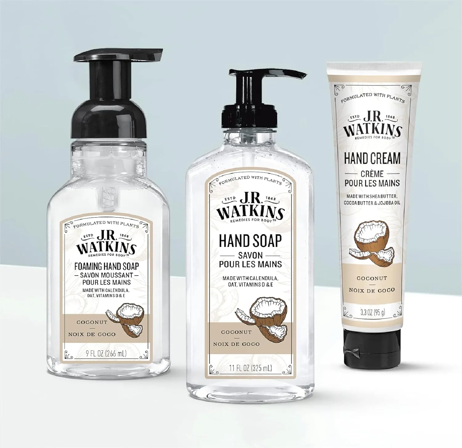 J.R. Watkins Natural Moisturizing Hand Cream, Hydrating Hand Moisturizer with Shea Butter, Cocoa Butter, and Avocado Oil, Cruelty Free, 3.3oz, Coconut, 3 Pack