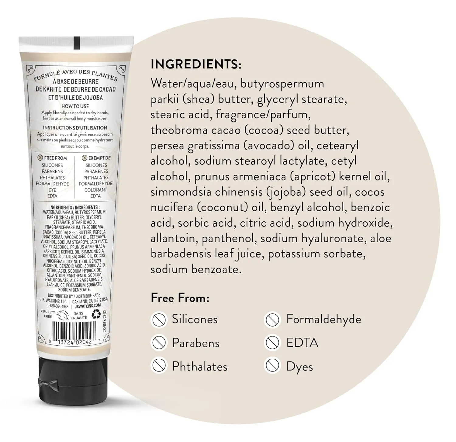 J.R. Watkins Natural Moisturizing Hand Cream, Hydrating Hand Moisturizer with Shea Butter, Cocoa Butter, and Avocado Oil, Cruelty Free, 3.3oz, Coconut, 3 Pack
