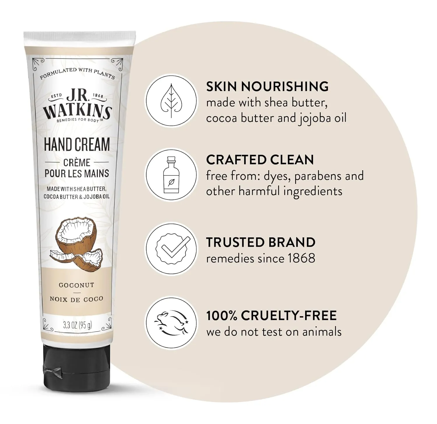 J.R. Watkins Natural Moisturizing Hand Cream, Hydrating Hand Moisturizer with Shea Butter, Cocoa Butter, and Avocado Oil, Cruelty Free, 3.3oz, Coconut, 3 Pack