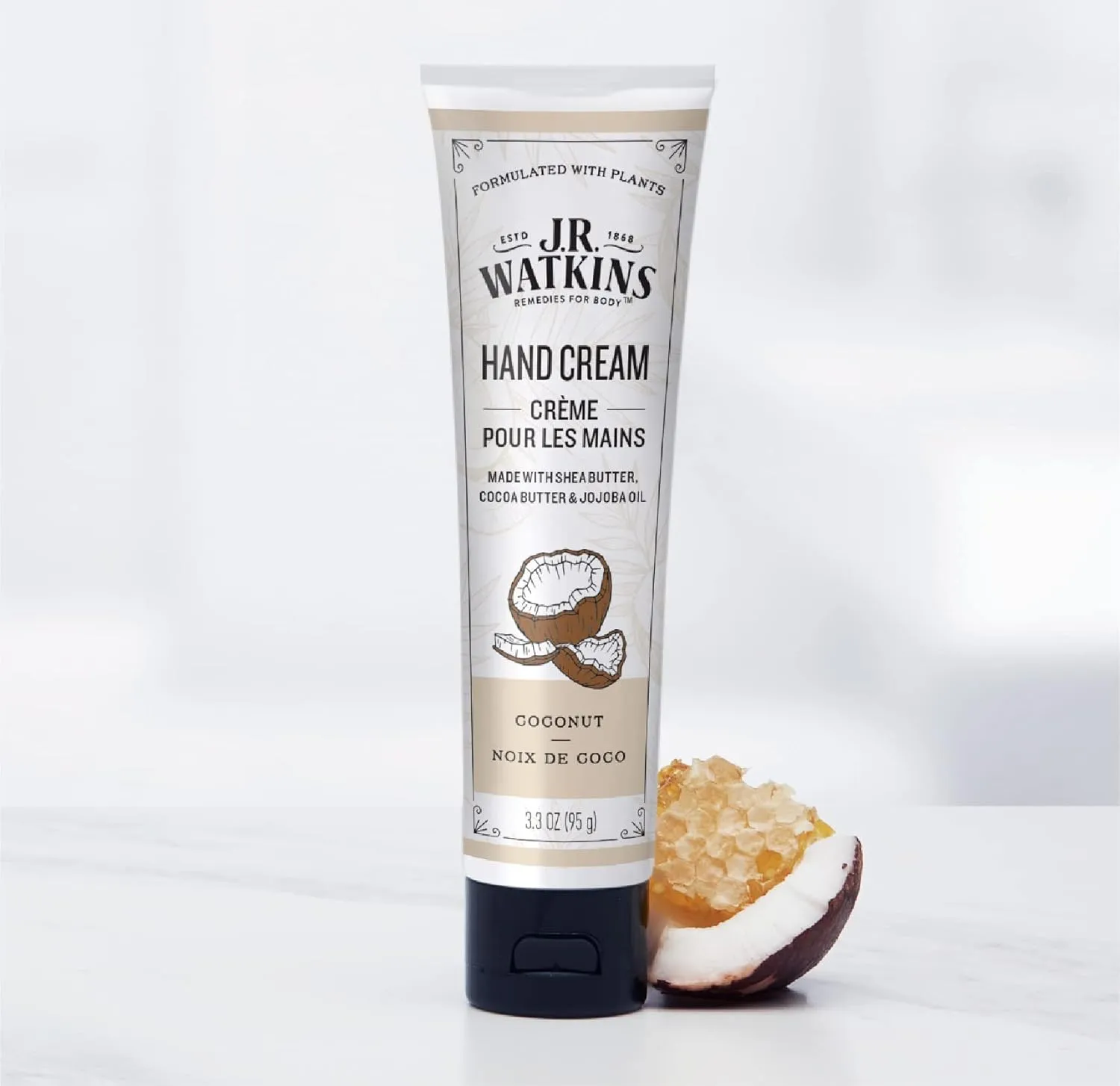 J.R. Watkins Natural Moisturizing Hand Cream, Hydrating Hand Moisturizer with Shea Butter, Cocoa Butter, and Avocado Oil, Cruelty Free, 3.3oz, Coconut, 3 Pack