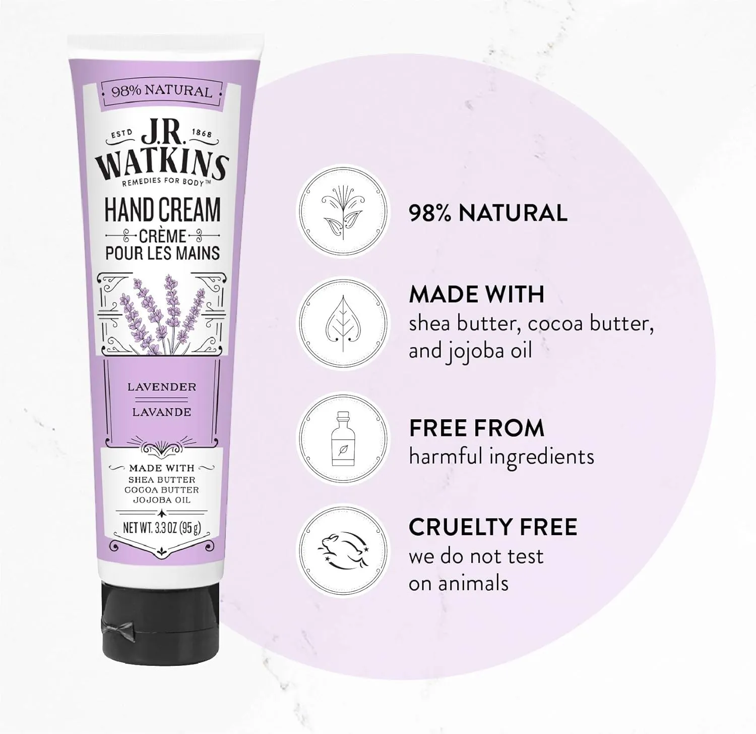 J.R. Watkins Natural Moisturizing Hand Cream, Hydrating Hand Moisturizer with Shea Butter, Cocoa Butter, and Avocado Oil, USA Made and Cruelty Free, 3.3oz, Lavender, (Pack of 4)