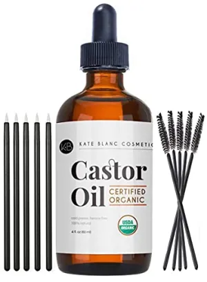 Kate Blanc Cosmetics Castor Oil Organic (4oz), 100% Pure, Cold Pressed, Hexane Free. Natural Oil for Hair, Eyelashes, Eyebrows. Skin Moisturizer with Starter Kit