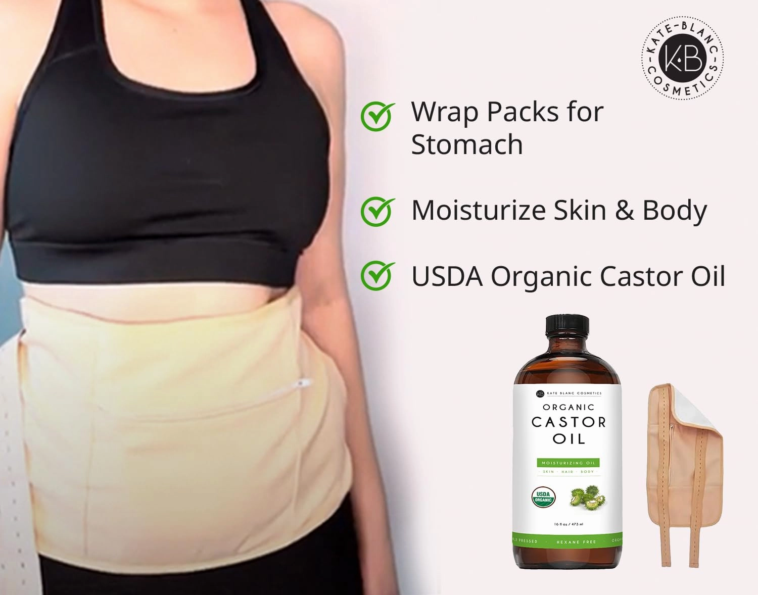 Kate Blanc Cosmetics Castor Oil Pack Wrap (16oz Glass Bottle Included) Moisturize Body and Skin. Reusable, Comfortable Fit, Adjustable
