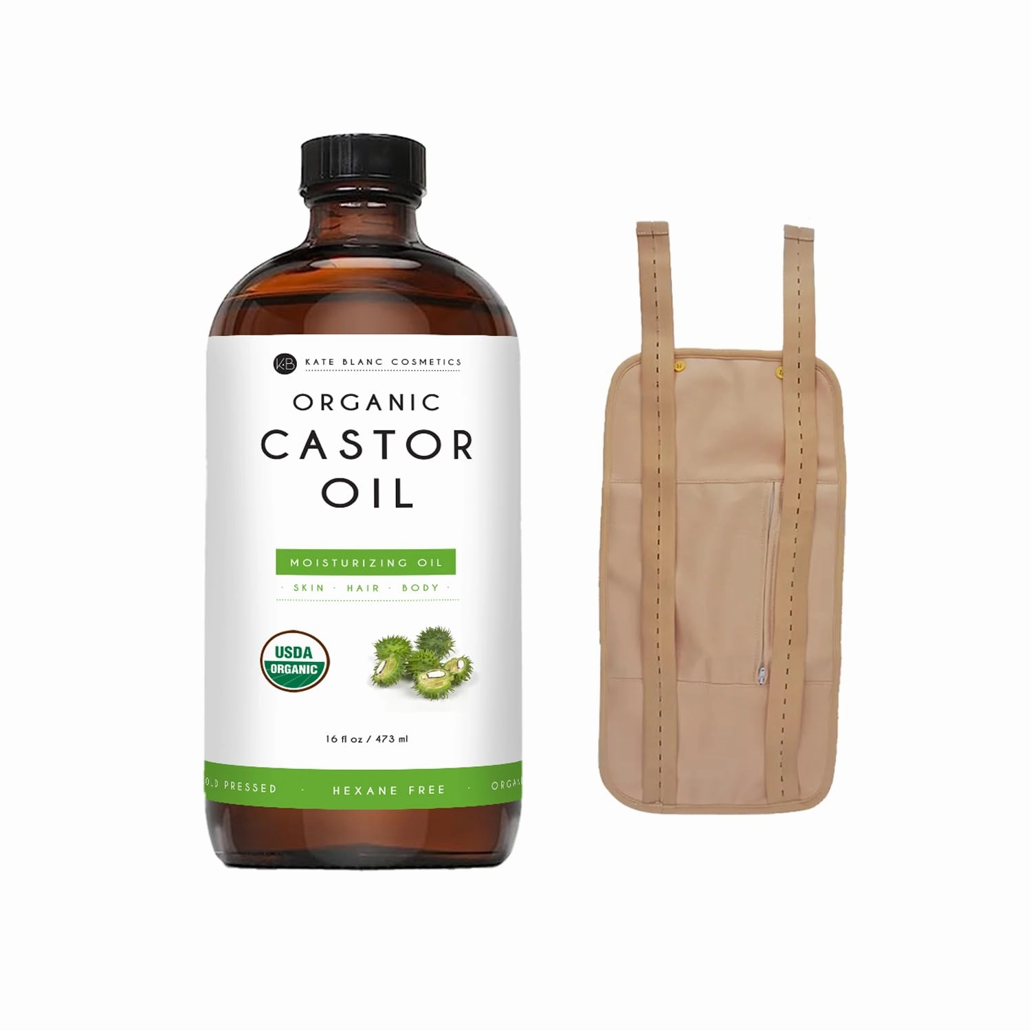 Kate Blanc Cosmetics Castor Oil Pack Wrap (16oz Glass Bottle Included) Moisturize Body and Skin. Reusable, Comfortable Fit, Adjustable