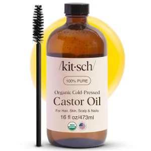 Kitsch Organic Castor Oil For Hair Growth, Castor Oil Organic Cold Pressed Unrefined Glass Bottle, 100% Pure, For Face, Skin, Lashes, Brows, Scalp, Nails & Belly Button, Hexane Free, USDA - 16oz