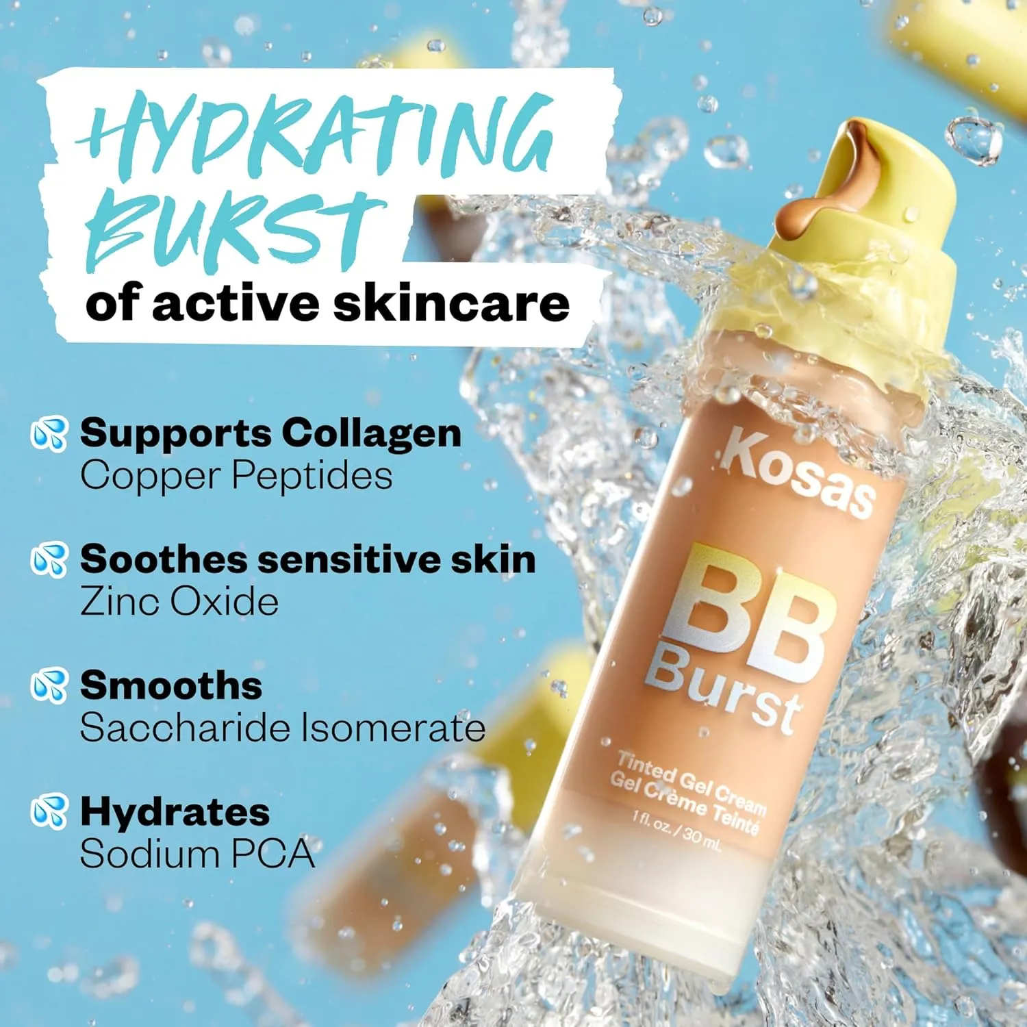 Kosas BB Burst Tinted Face Gel Cream - Supports Healthy Collagen, Smoothes Skin, Hydrates & Moisturizes - Lightweight Buildable Coverage - Medium Neutral 23, (1 Oz/30 ML)