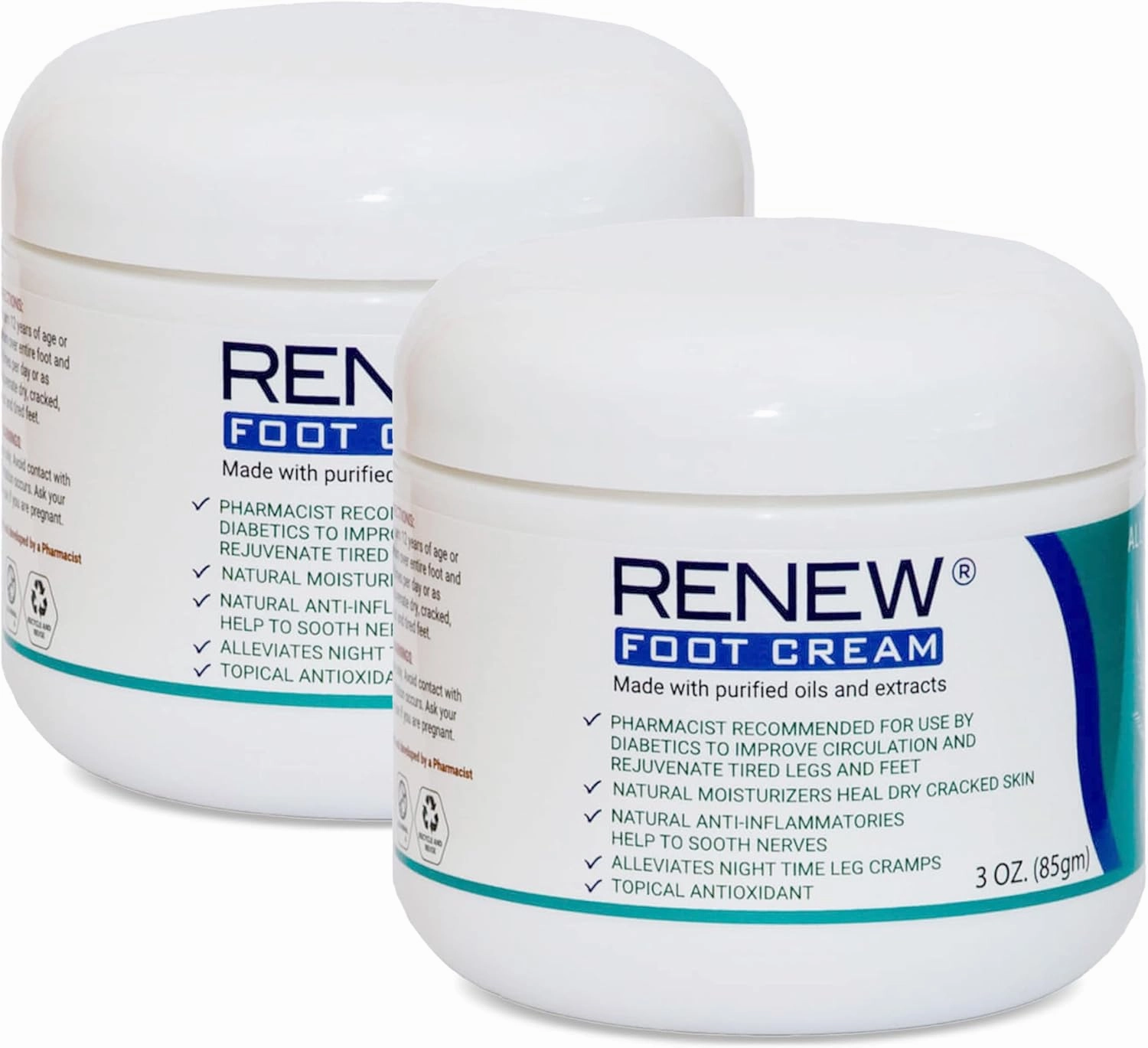 KPW Laboratories Renew Foot Cream for Dry Cracked Heels 2-Pack All-Natural Foot Care for Women & Men, Revitalizing Diabetic Foot Cream, Hydrating Foot Lotion for Dry Feet - Promotes Better Circulation