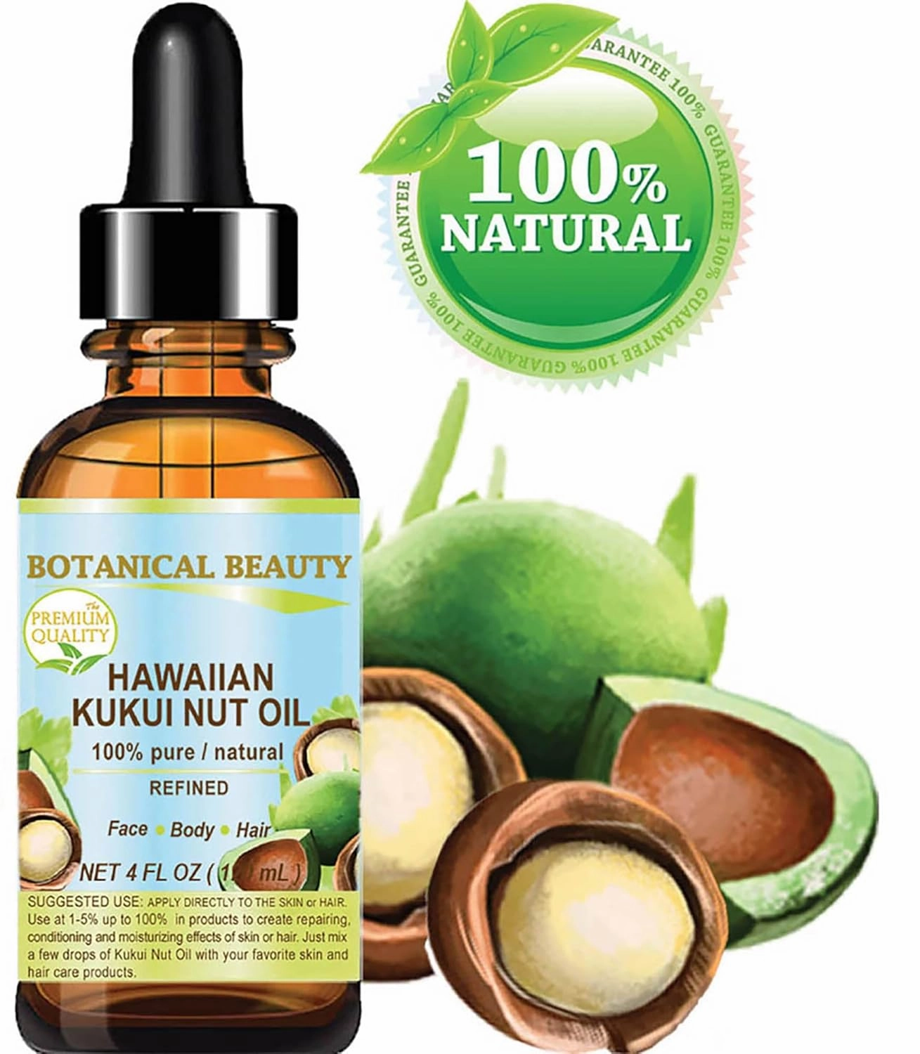 KUKUI NUT OIL 100% Pure Natural Virgin Unrefined Cold-Pressed Carrier Oil 4 Fl oz 120 ml for Face, Skin, Body, Hair, Lip, Nails. Rich in Vitamin E by Botanical Beauty