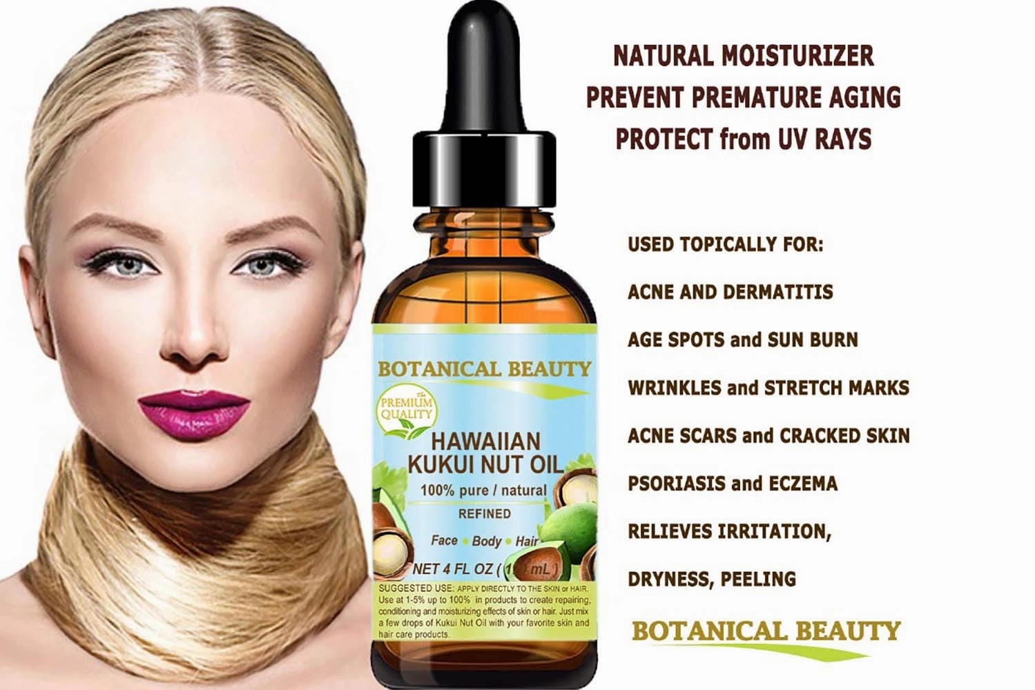 KUKUI NUT OIL 100% Pure Natural Virgin Unrefined Cold-Pressed Carrier Oil 4 Fl oz 120 ml for Face, Skin, Body, Hair, Lip, Nails. Rich in Vitamin E by Botanical Beauty