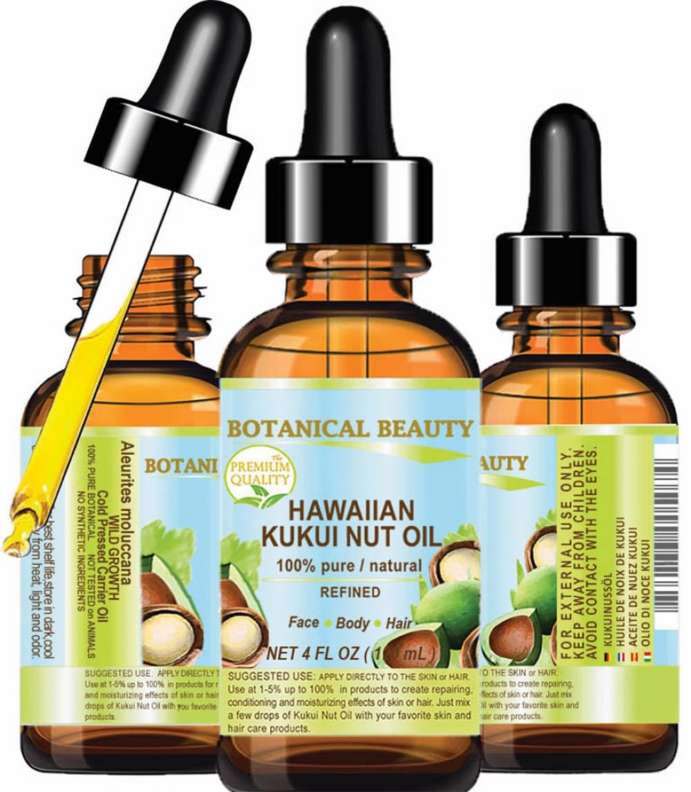KUKUI NUT OIL 100% Pure Natural Virgin Unrefined Cold-Pressed Carrier Oil 4 Fl oz 120 ml for Face, Skin, Body, Hair, Lip, Nails. Rich in Vitamin E by Botanical Beauty