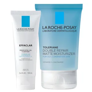 La Roche-Posay Acne Skin Care Set, Toleriane Double Repair Matte Moisturizer 75ml & Effaclar Medicated Gel Cleasner 100ml, Gel Moisturizer with Niacinamide & Acne Cleasner with Salicylic Acid