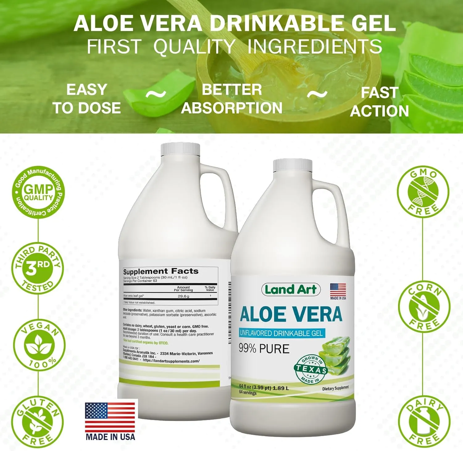Land Art Pure Aloe Vera Drinkable Gel Unflavored - Cold-Processed Inner Filet - from Organic Fresh Leaves from Texas - for Heartburn Relief - Acid Reflux - 64 fl oz